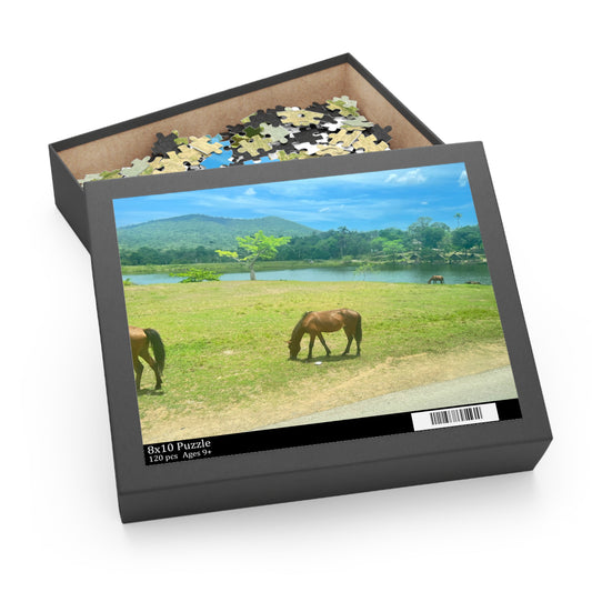Horse Pasture Landscape Puzzle — Scenic Lake & Mountain Jigsaw (120/252/500 pcs)