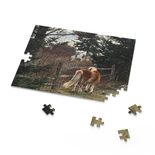 Horse Pasture Jigsaw Puzzle — Scenic Foals in Woodland (120/252/500 pc)