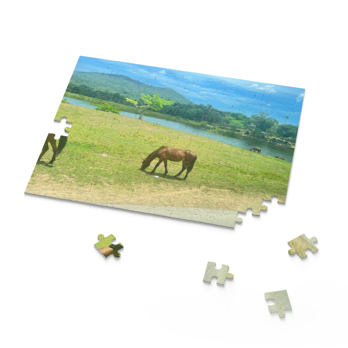 Horse Pasture Landscape Puzzle — Scenic Lake & Mountain Jigsaw (120/252/500 pcs)