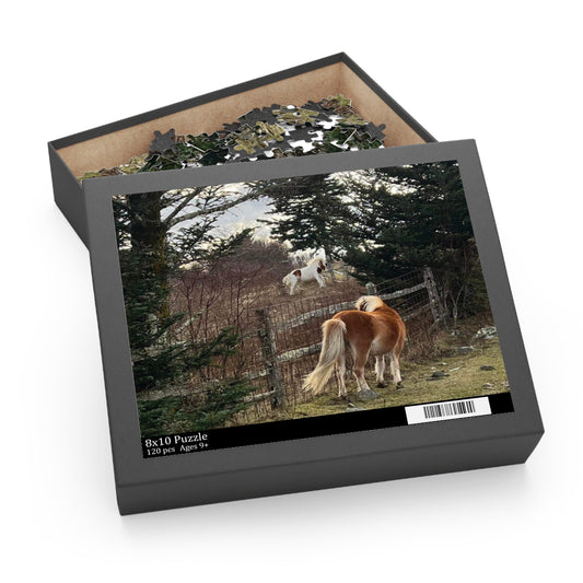 Horse Pasture Jigsaw Puzzle — Scenic Foals in Woodland (120/252/500 pc)